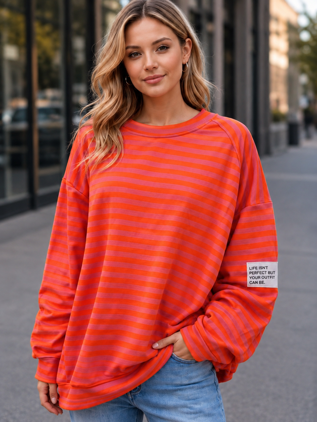 Life isn’t Perfect but your Outfit can be - Streifen Sweatshirt - Neonorange/Pink
