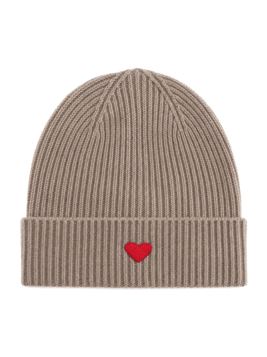 Zwillingsherz Damen Kaschmir-Mütze Herz Motiv (100% Cashmere) - Taupe/Rot