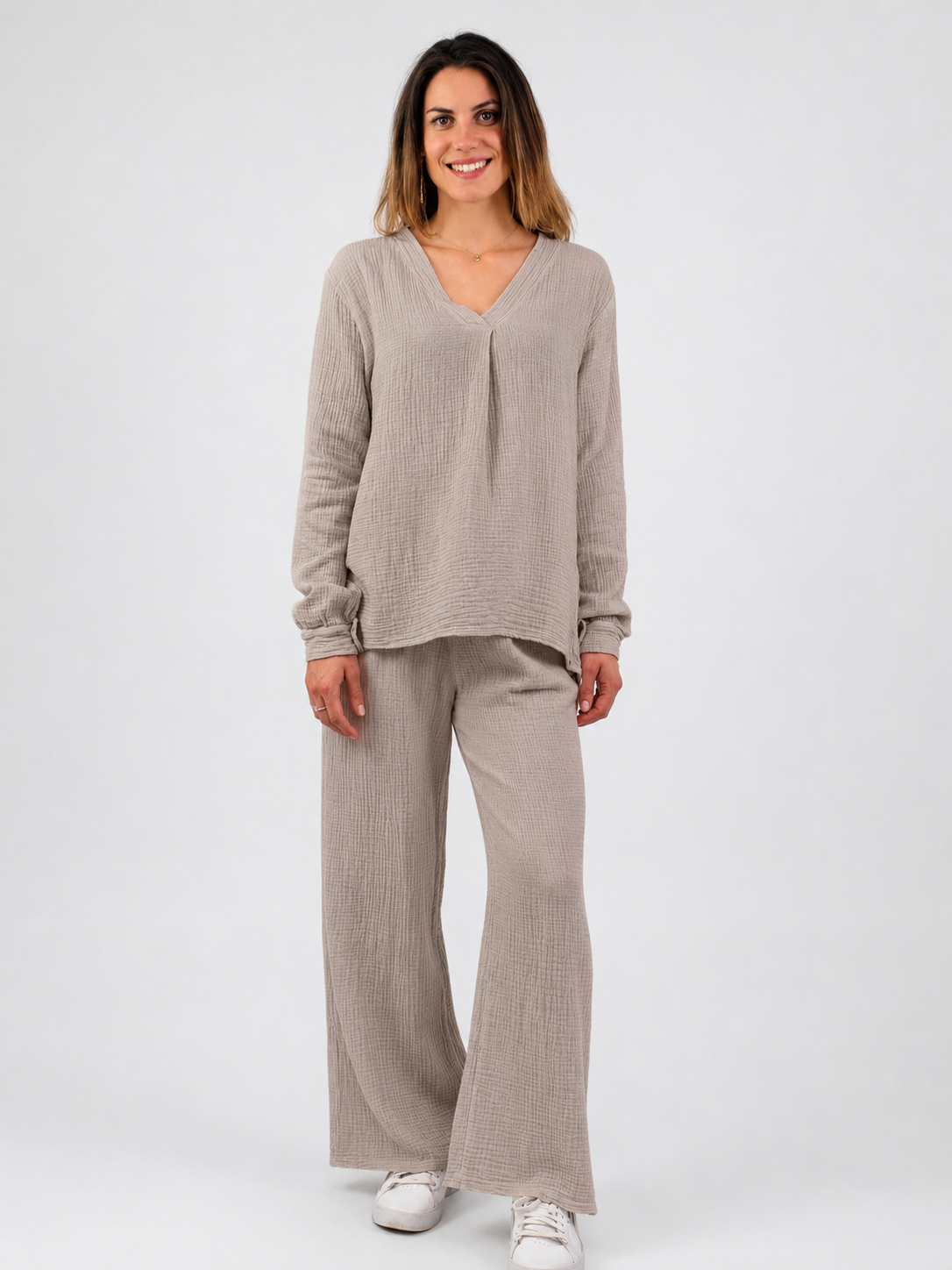 Musselin Zweiteiler (Bluse mit Hose) - Taupe