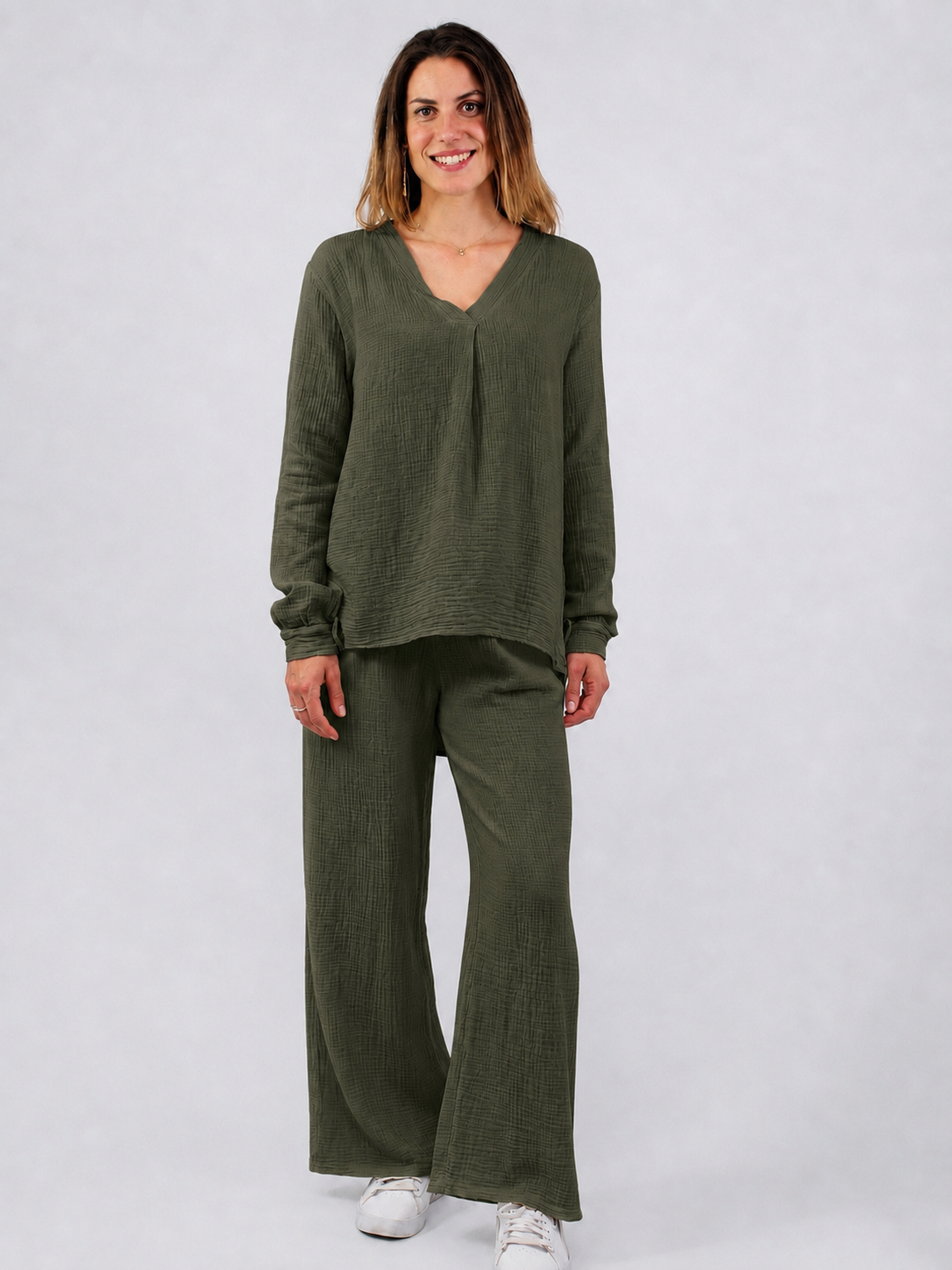 Musselin Zweiteiler (Bluse mit Hose) - Khaki