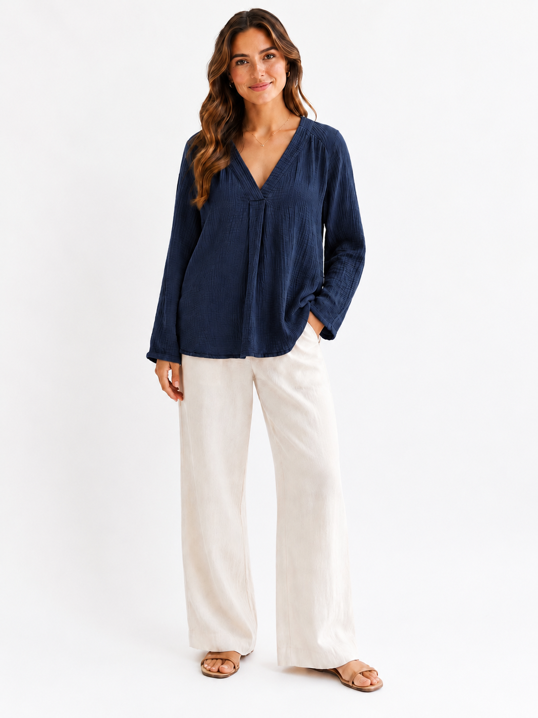 Musselin Bluse - V-Ausschnitt - Marine
