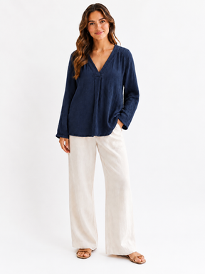 Musselin Bluse - V-Ausschnitt - Marine