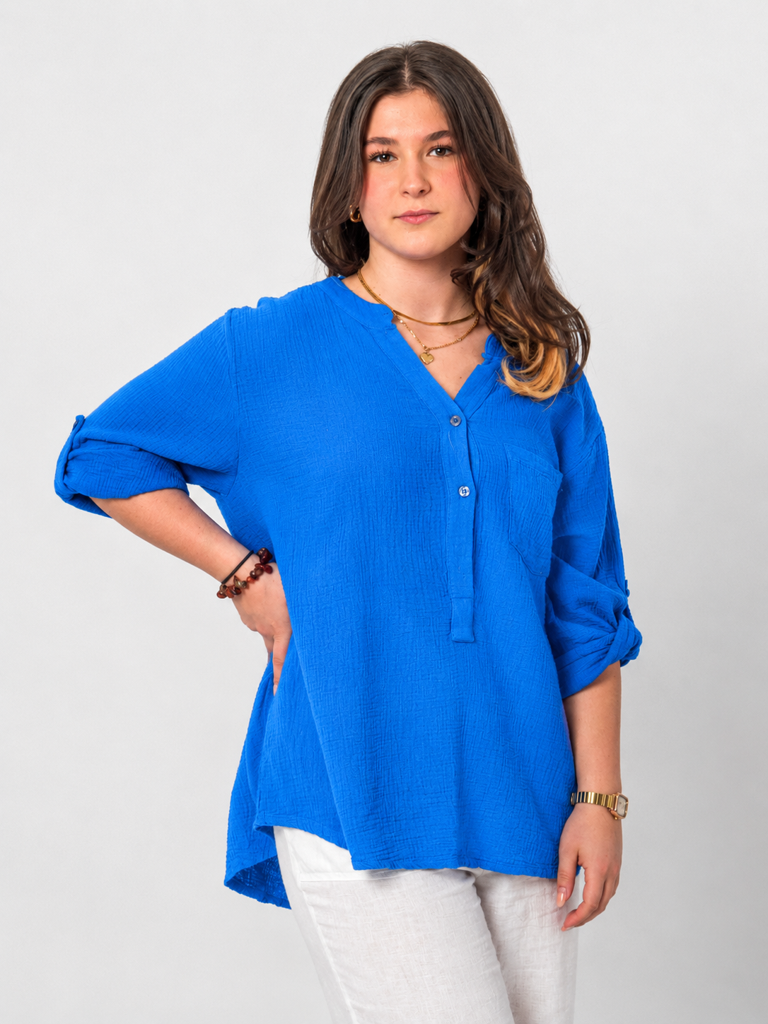 Natürliche Musselin-Bluse - Royalblau