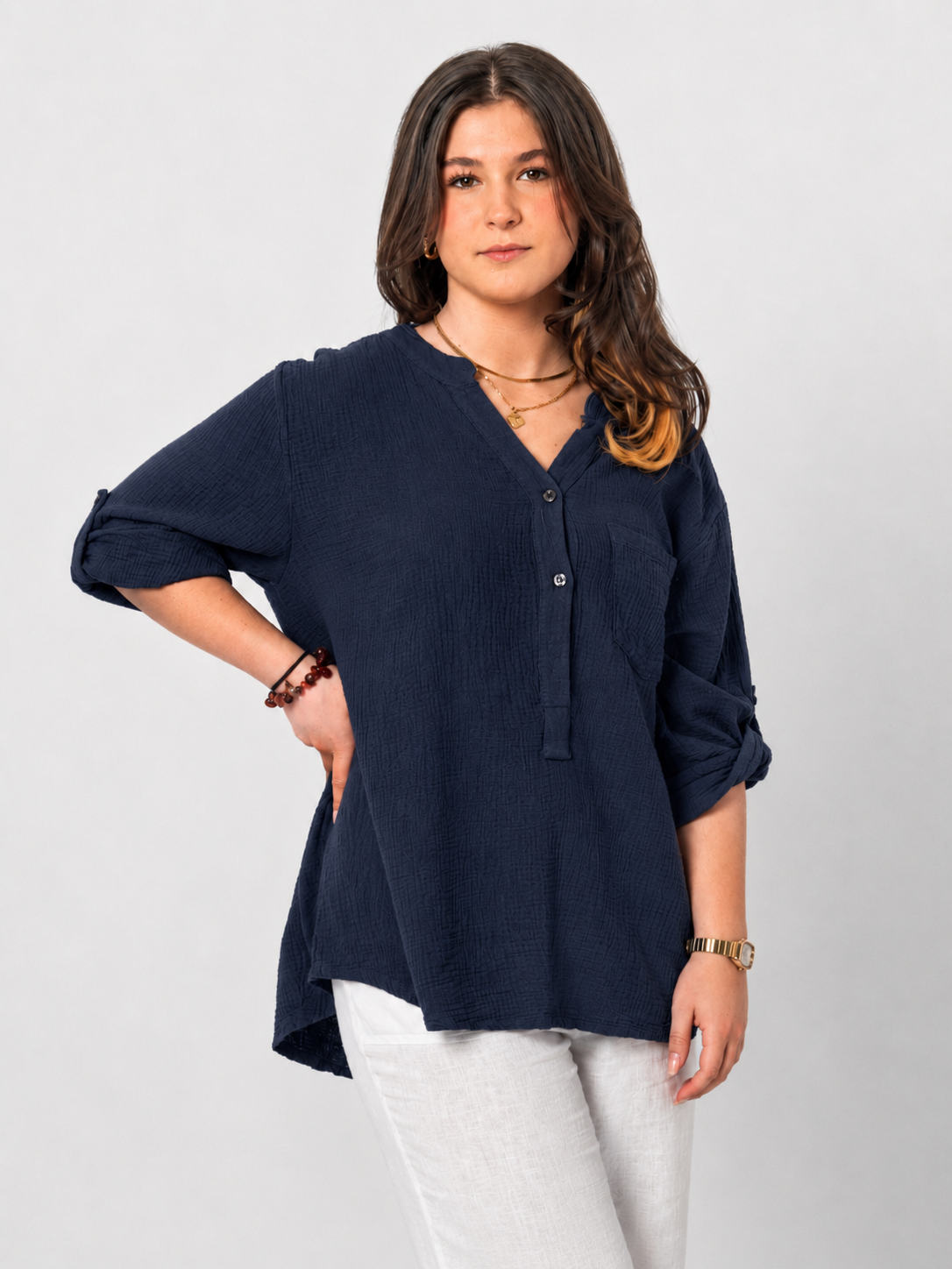 Natürliche Musselin-Bluse - Marine