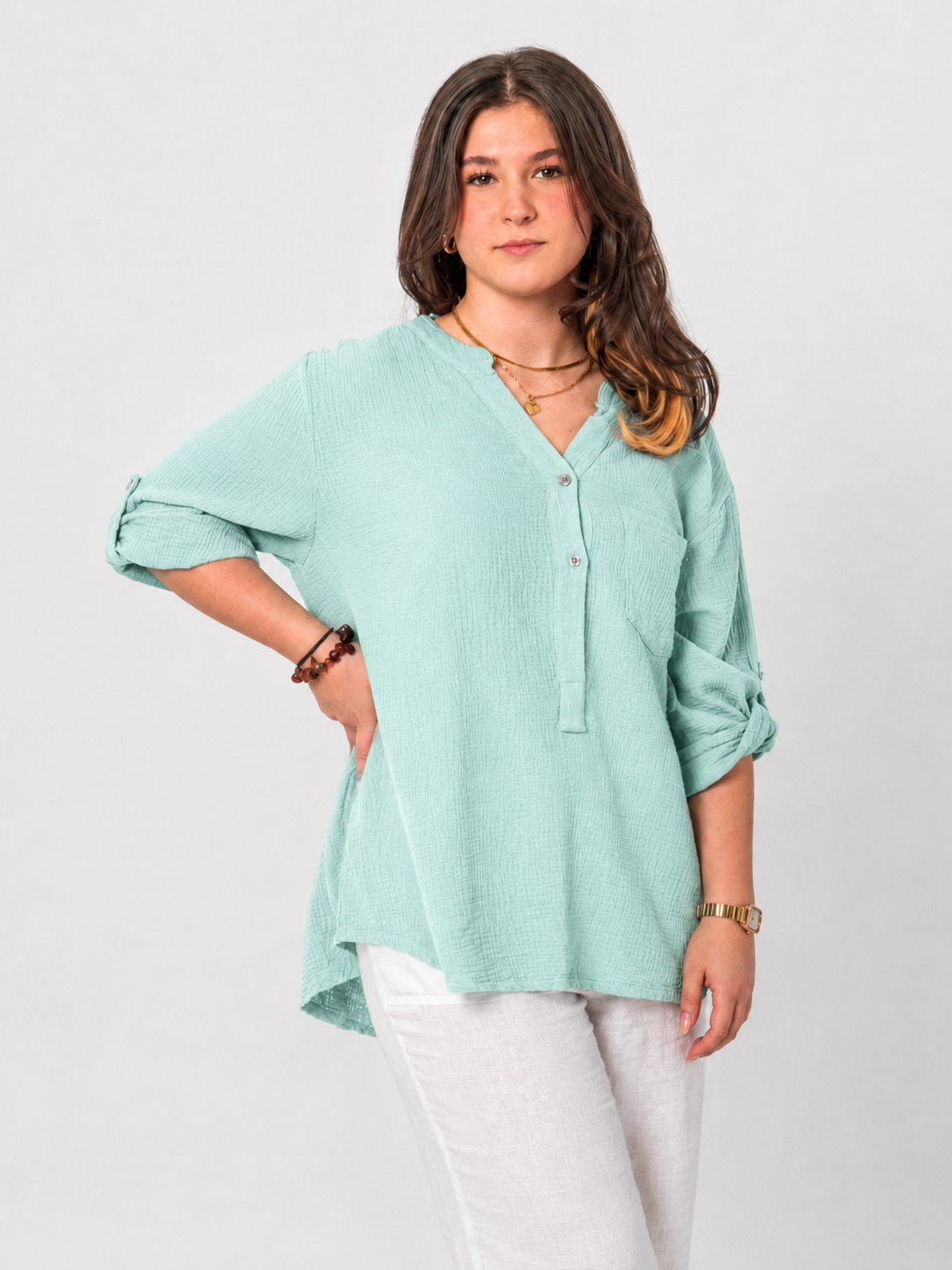 Natürliche Musselin-Bluse - Hell Mint
