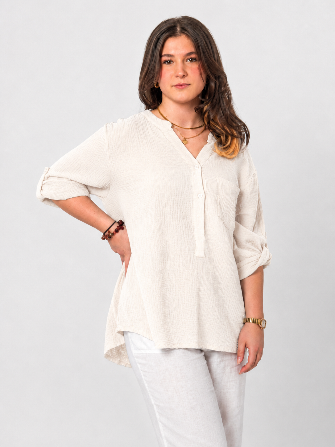 Natürliche Musselin-Bluse - Creme/Natur