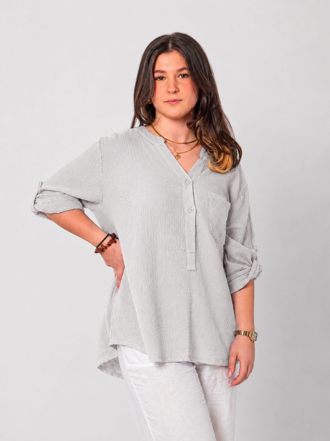 Natürliche Musselin-Bluse - Hellgrau