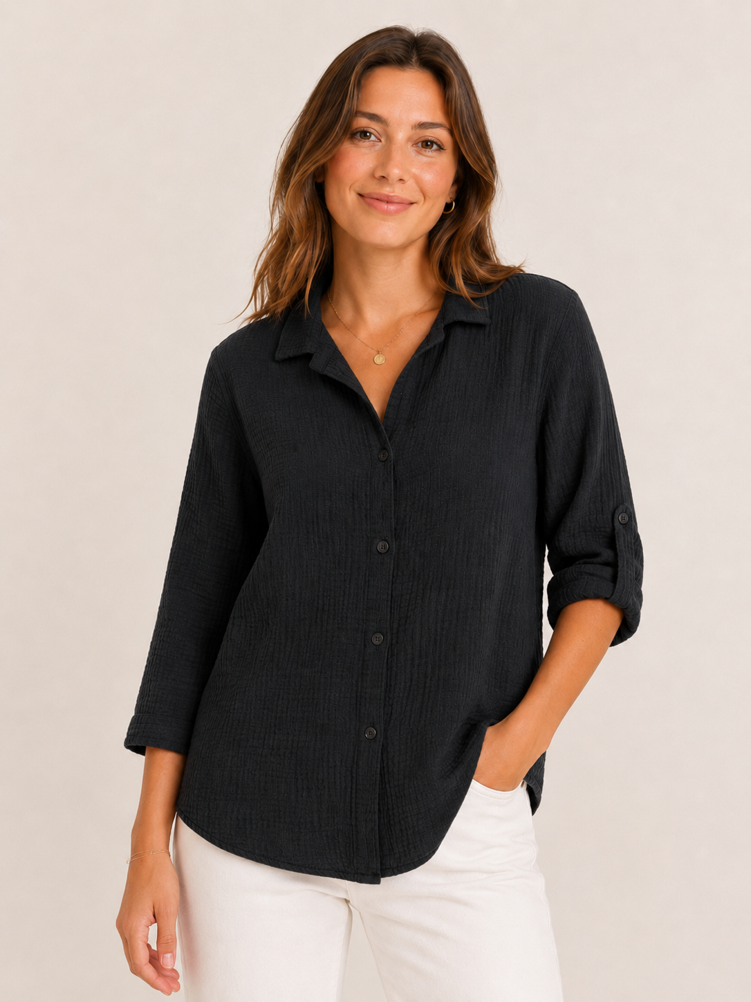 Musselin-Bluse Knopfleiste 3/4 Arm - Schwarz