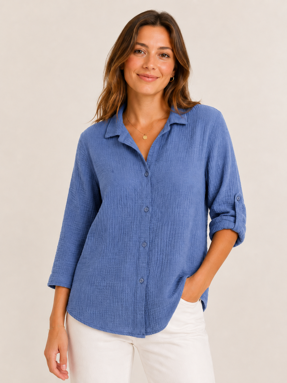 Musselin-Bluse Knopfleiste 3/4 Arm - Mittelblau