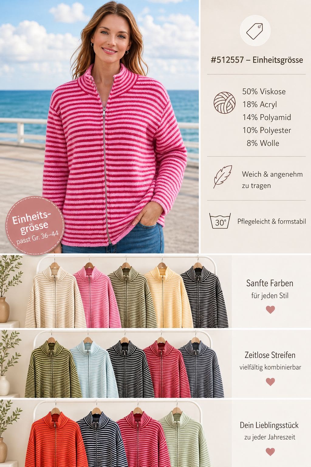 Flair Comfort - Leichte Strickjacke mit Wolle und Reißverschluss - Streifen
