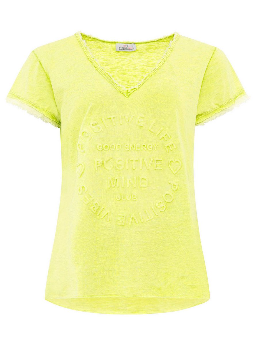 Zwillingsherz - Oversized T-Shirt "Positive Mind" Fransensaum - Lime