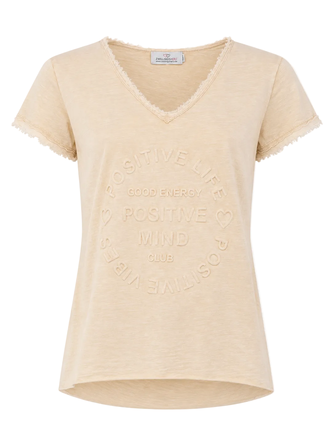 Zwillingsherz - T-Shirt "Positive Mind" V-Ausschnitt Fransensaum - Mittelbeige