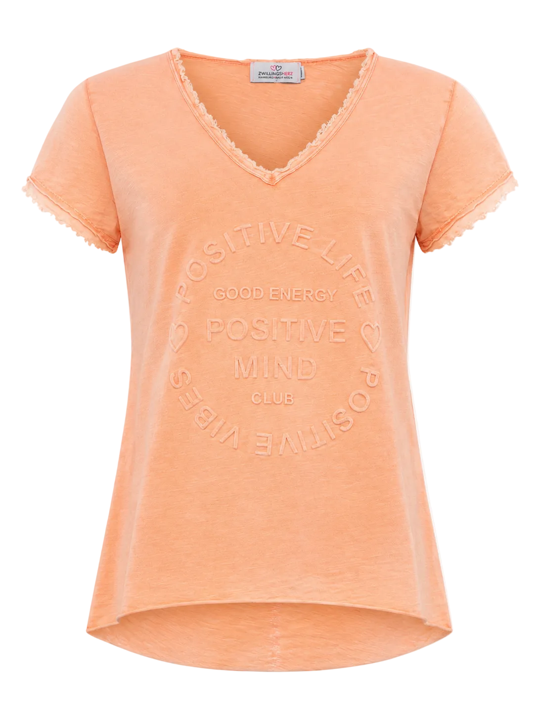 Zwillingsherz - T-Shirt "Positive Mind" V-Ausschnitt Fransensaum - Orange
