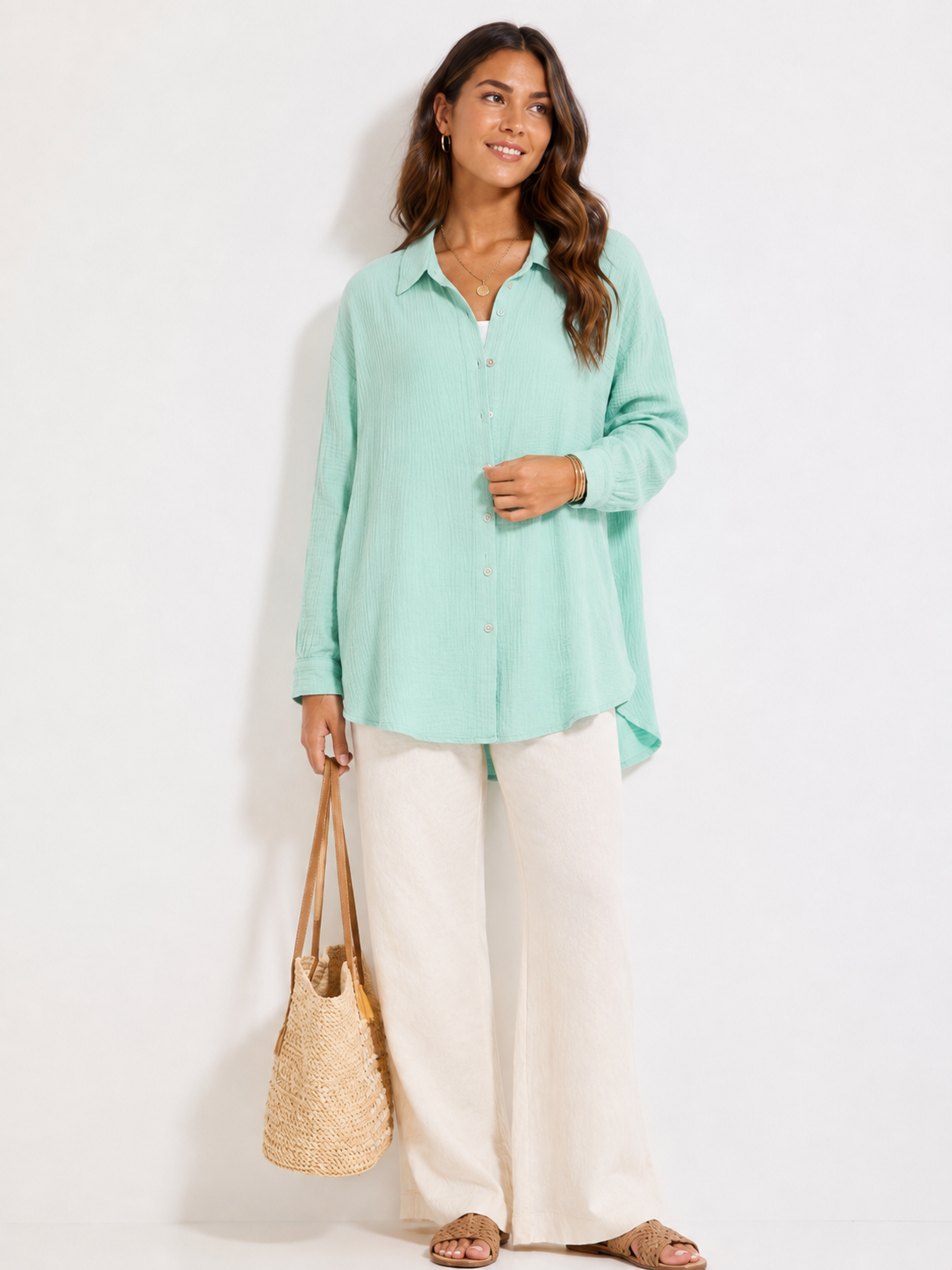 Musselin Bluse Oversized mit Knopfleiste - Mint