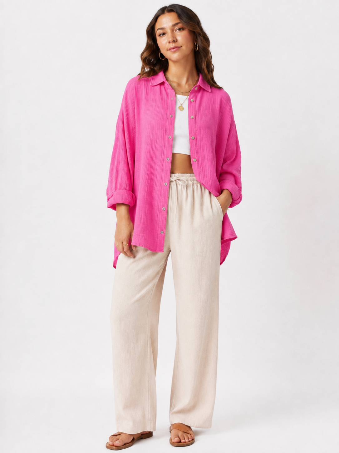 Musselin Bluse Oversized mit Knopfleiste - Pink