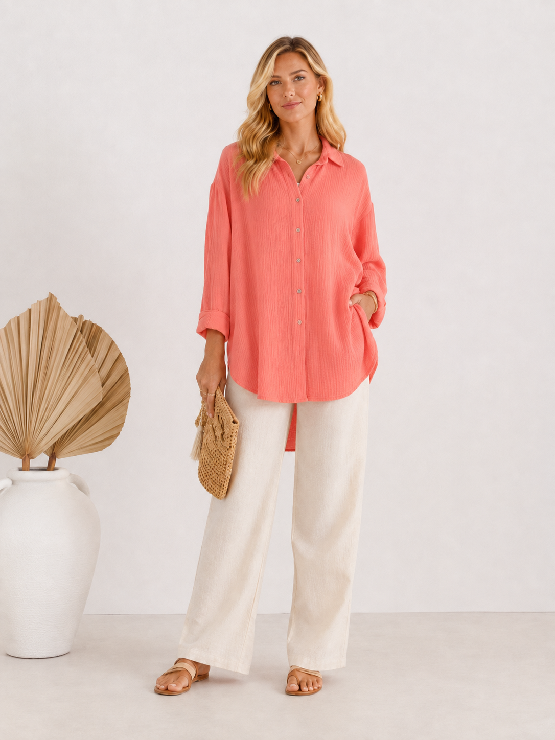 Musselin Bluse Oversized mit Knopfleiste - Koralle