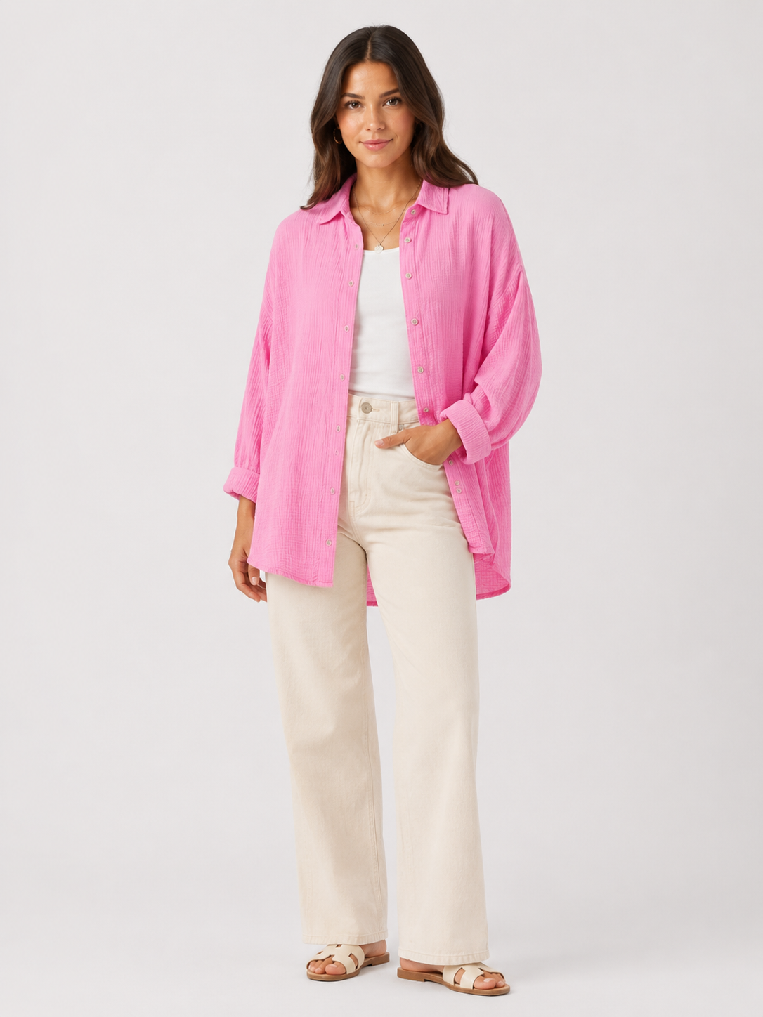 Musselin Bluse Oversized mit Knopfleiste - Bubblegum