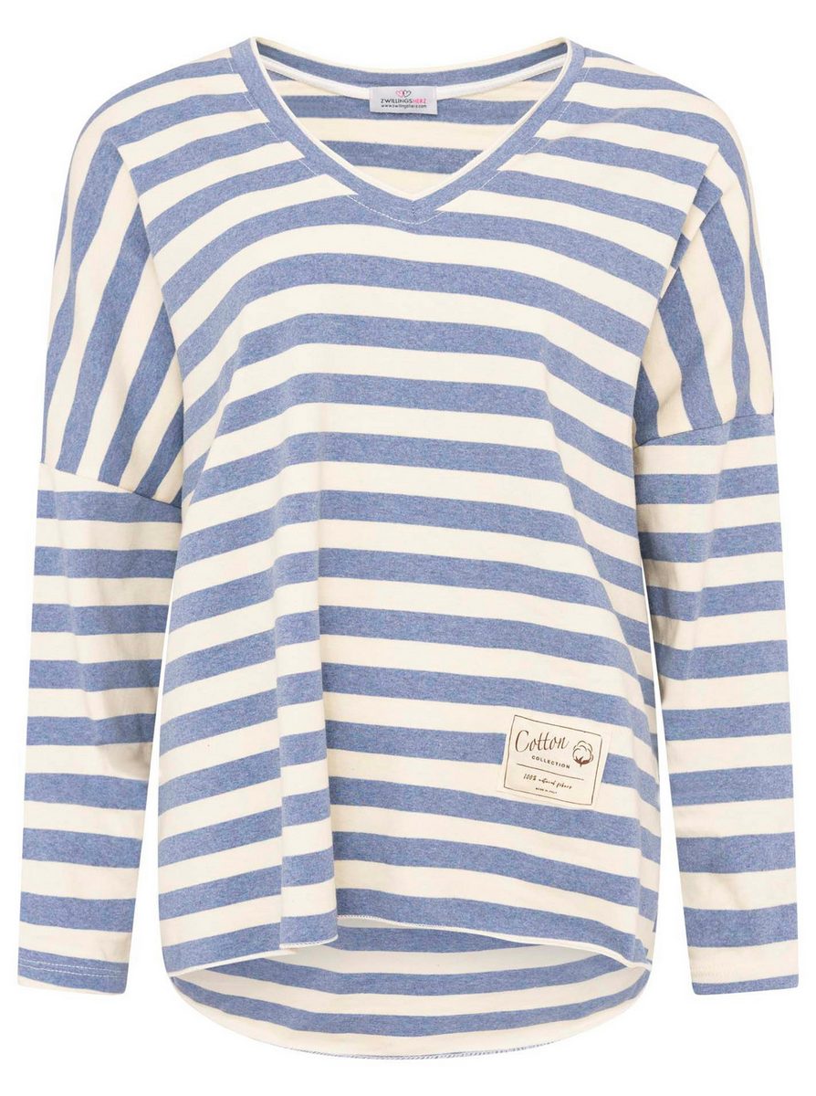 Zwillingsherz - Sweatshirt V-Neck "Streifen & Jersey" - Jeansblau