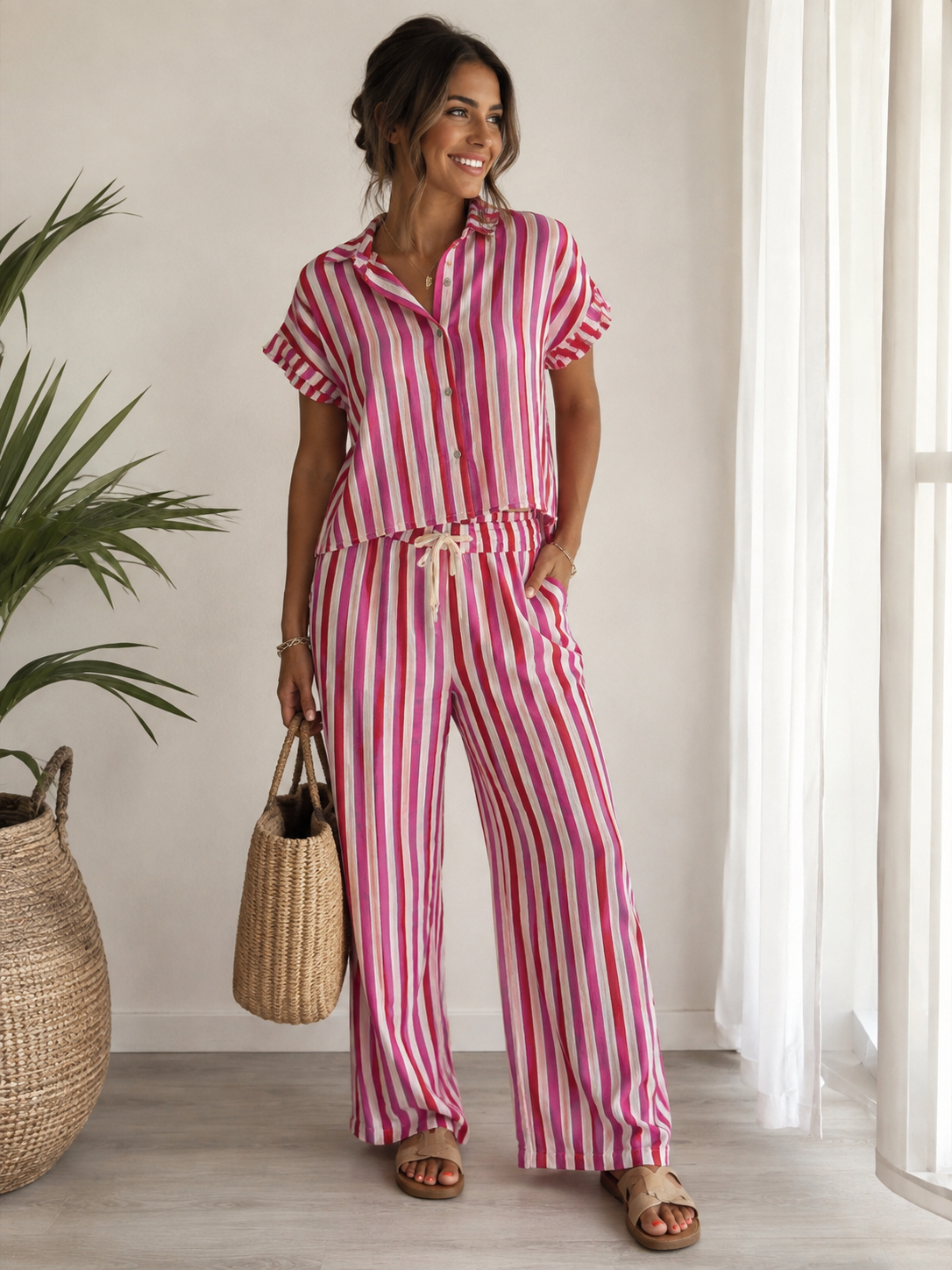 Zwillingsherz - Musselin Set Streifen (Bluse + Hose)- Pink