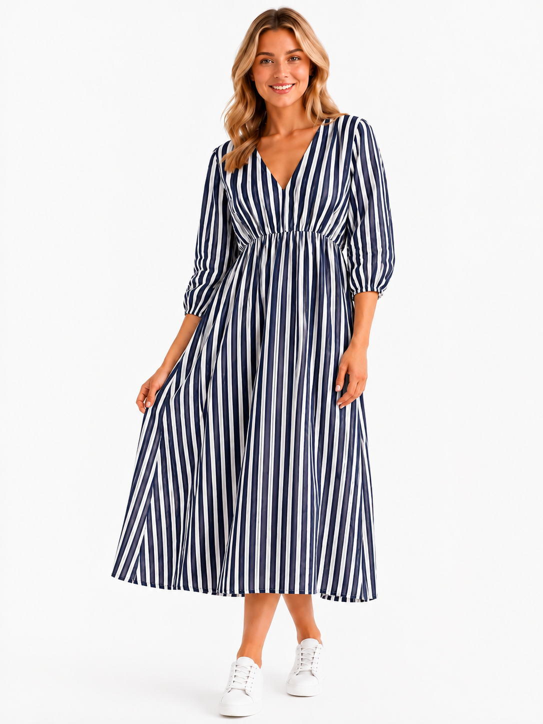 Lockeres Musselin Kleid mit Streifen - Dunkelblau