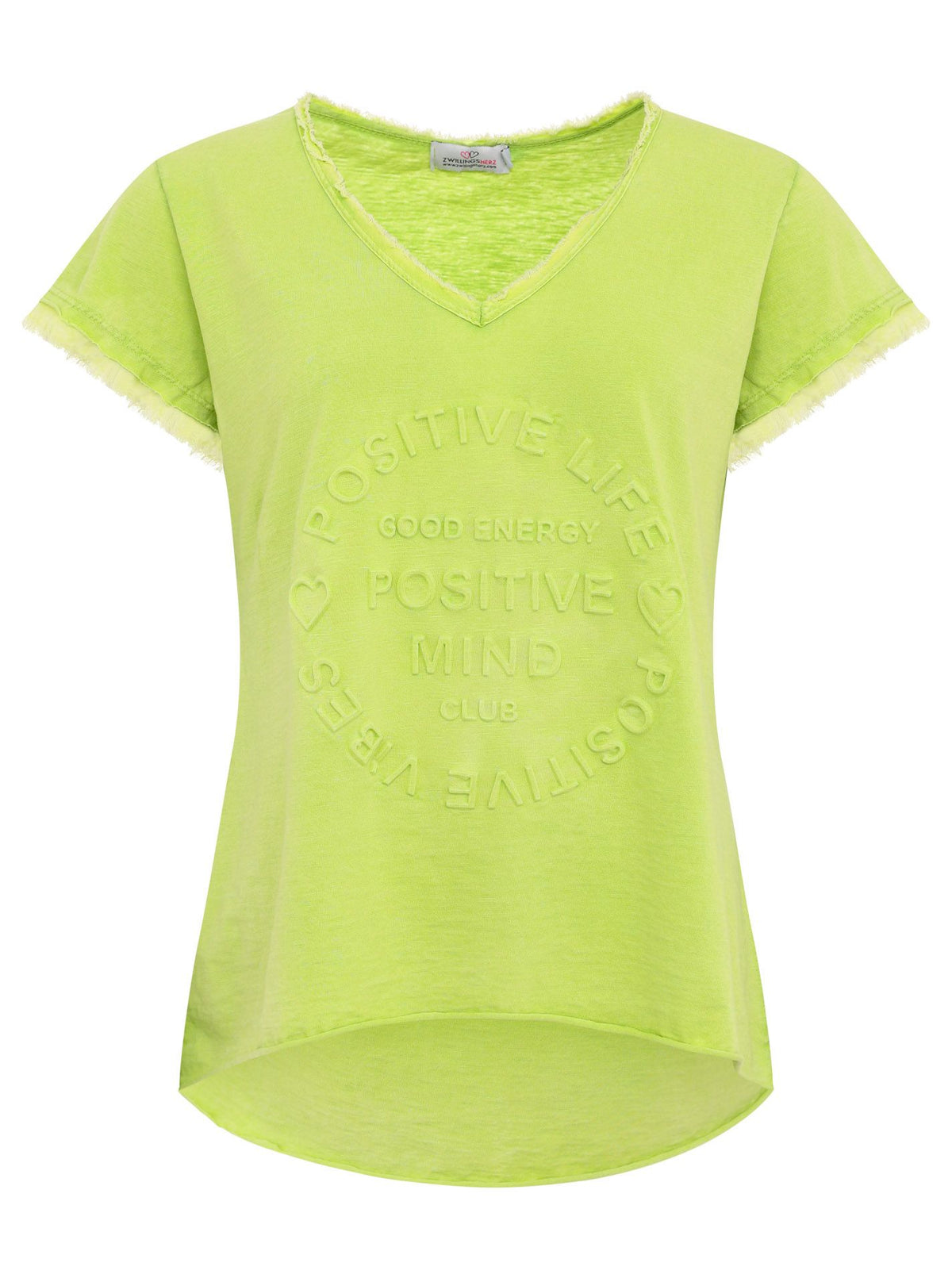 Zwillingsherz - Oversized T-Shirt "Positive Mind" V-Ausschnitt Fransensaum - Lime