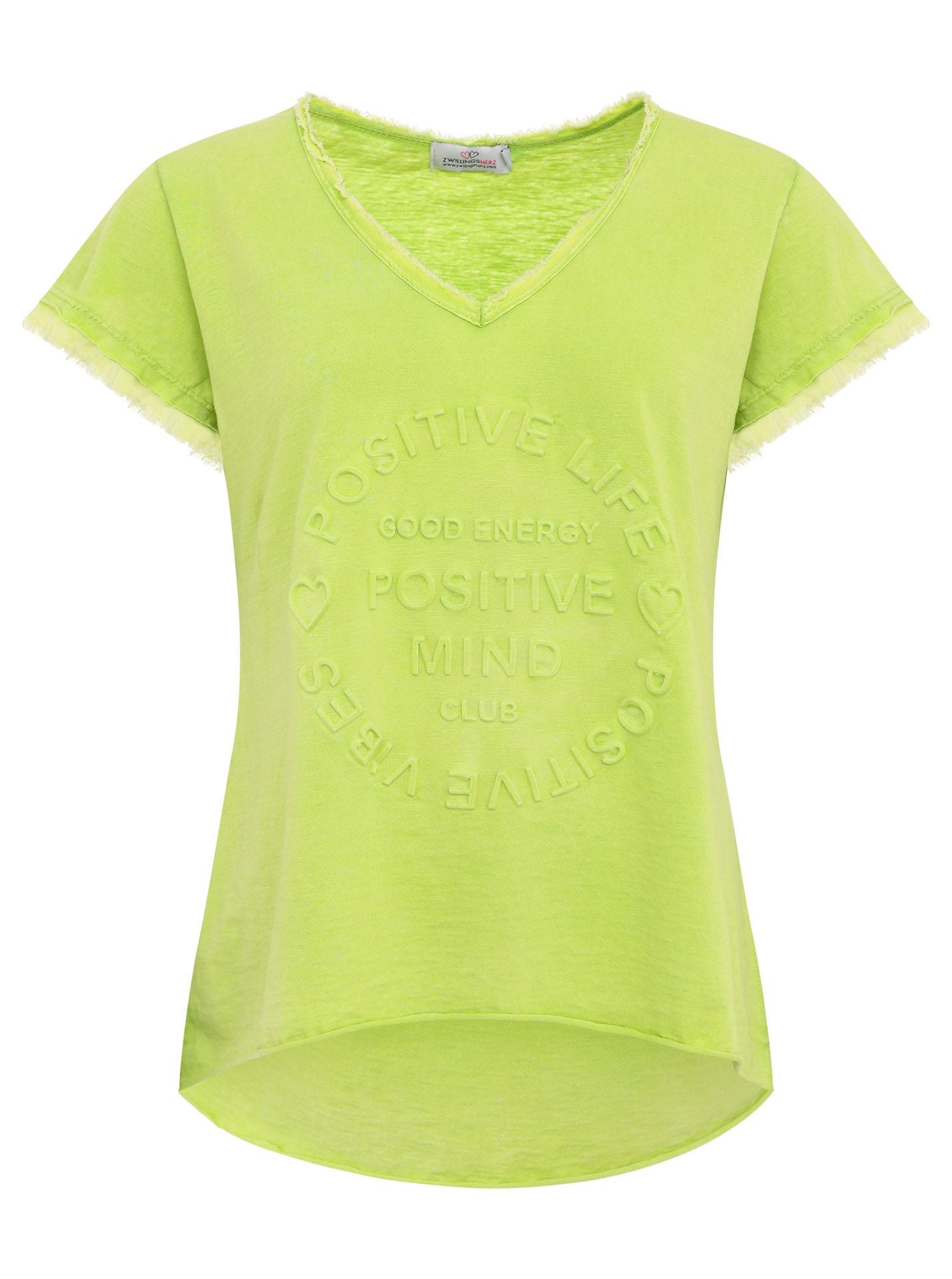 Zwillingsherz - Oversized T-Shirt "Positive Mind" V-Ausschnitt Fransensaum - Lime