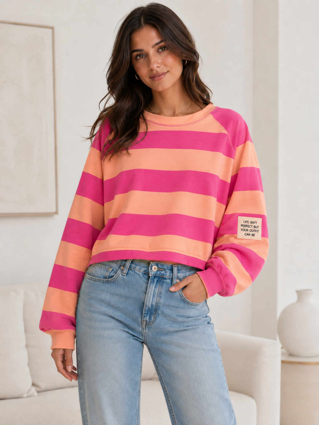 Butterstoff Sweatshirt Streifen - Koralle/Pink