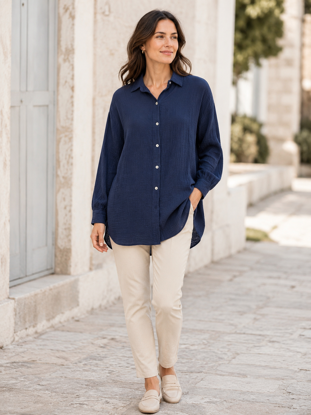 Zwillingsherz - Musselin Bluse Oversized mit Knopfleiste - Marine (SuperSale - keine Retoure)