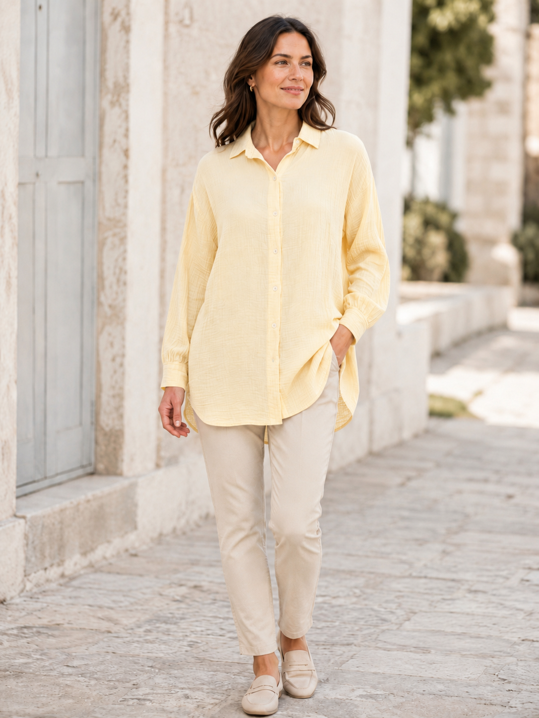 Zwillingsherz - Musselin Bluse Oversized mit Knopfleiste - Gelb