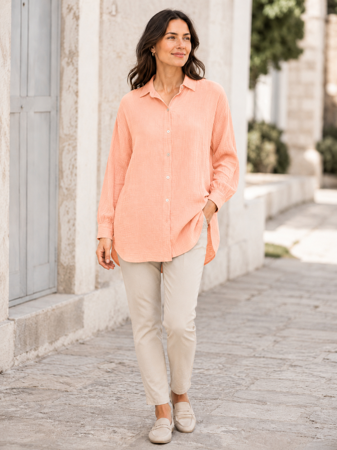 Zwillingsherz - Musselin Bluse Oversized mit Knopfleiste - Apricot