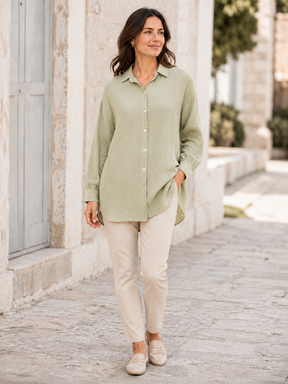 Zwillingsherz - Musselin Bluse Oversized mit Knopfleiste - Salbei