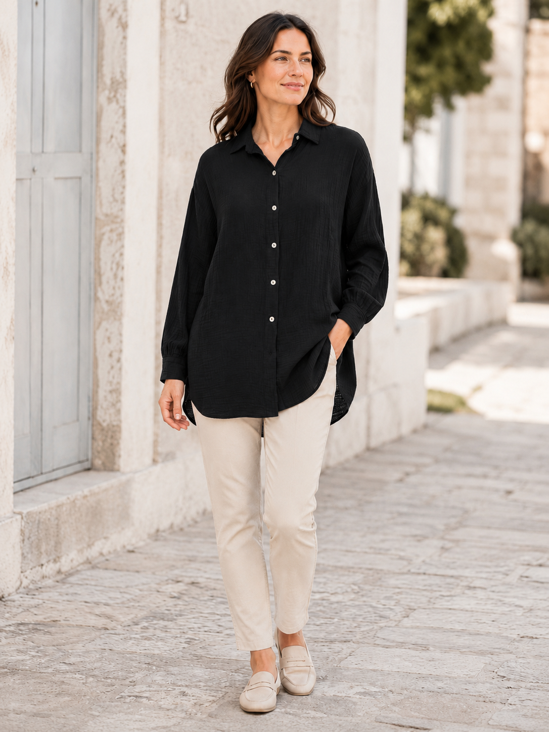 Zwillingsherz - Musselin Bluse Oversized mit Knopfleiste - Schwarz (SuperSale - keine Retoure)