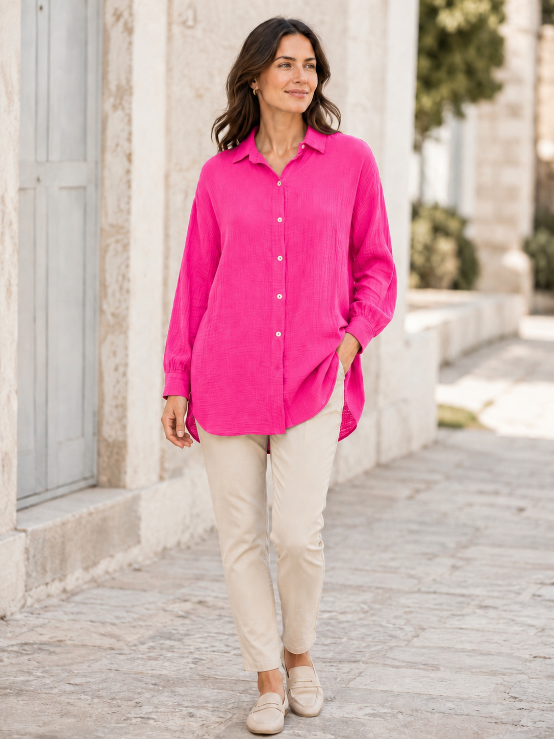 Zwillingsherz Oversized Musselin Bluse Knopfleiste - Pink