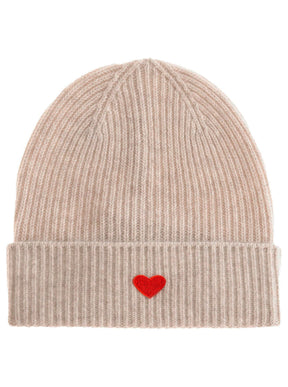 Zwillingsherz - 100% Cashmere Mütze Herz - Mittelbeige/Rot