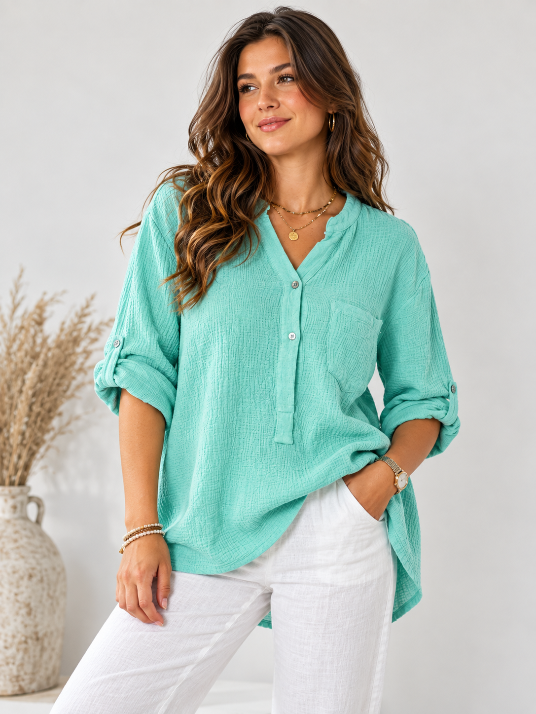 Natürliche Musselin-Bluse - Mint (SuperSale - keine Retoure)