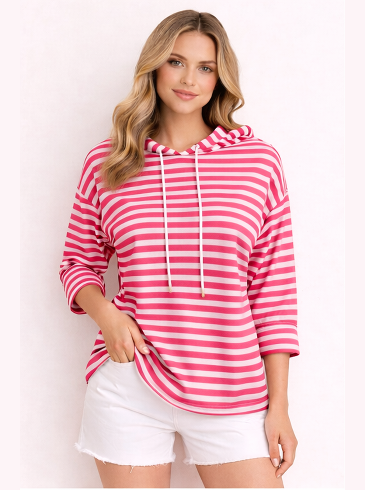 Leichter Hoodie "Baumwolle Streifen" - Pink