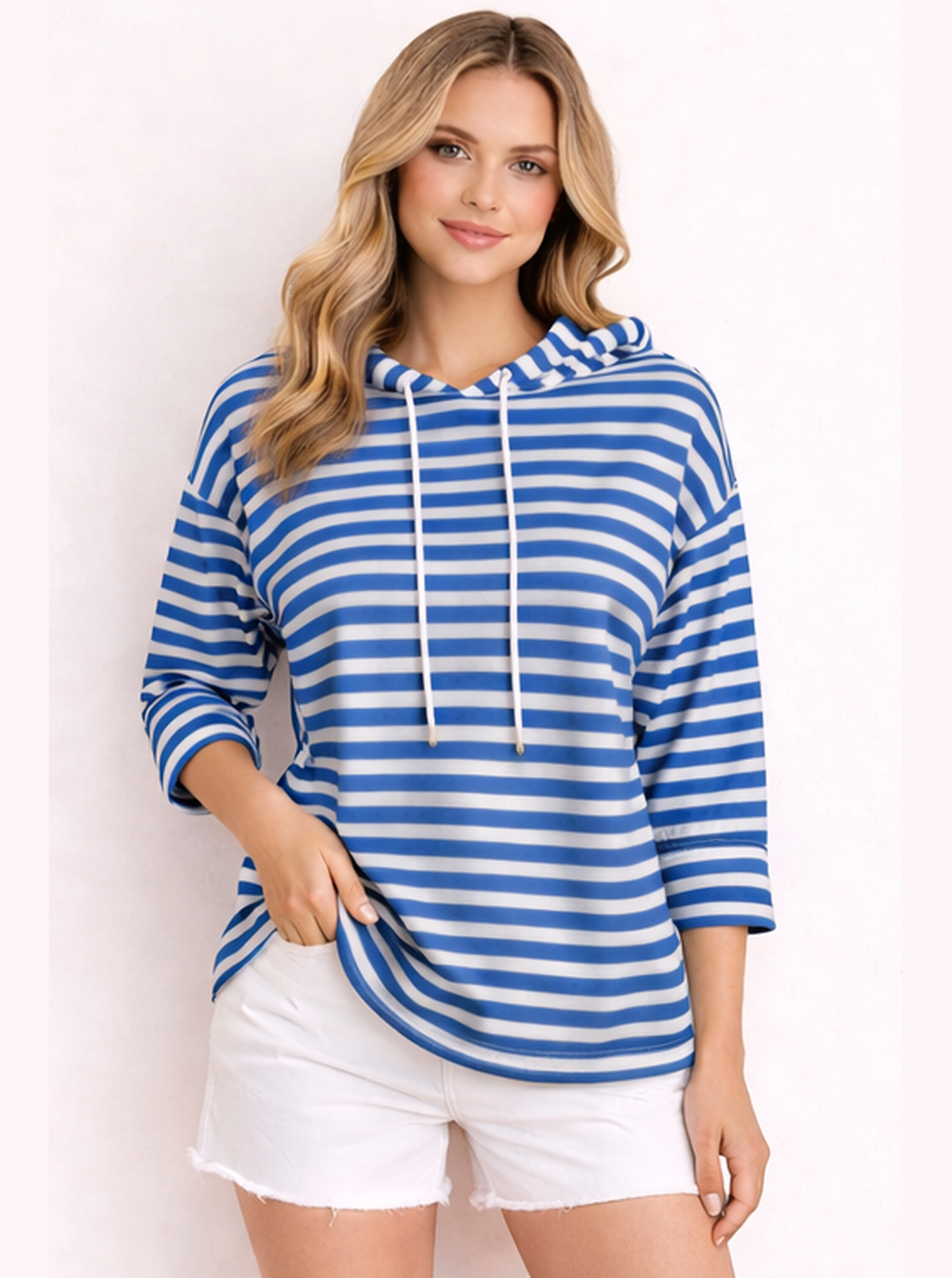 Leichter Hoodie "Baumwolle Streifen" - Royalblau