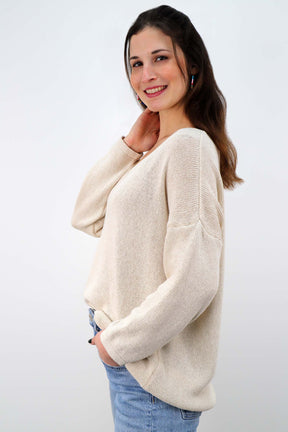Oversized Pullover mit V-Ausschnitt - Creme
