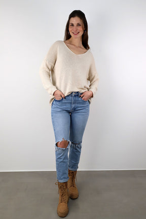 Oversized Pullover mit V-Ausschnitt - Creme