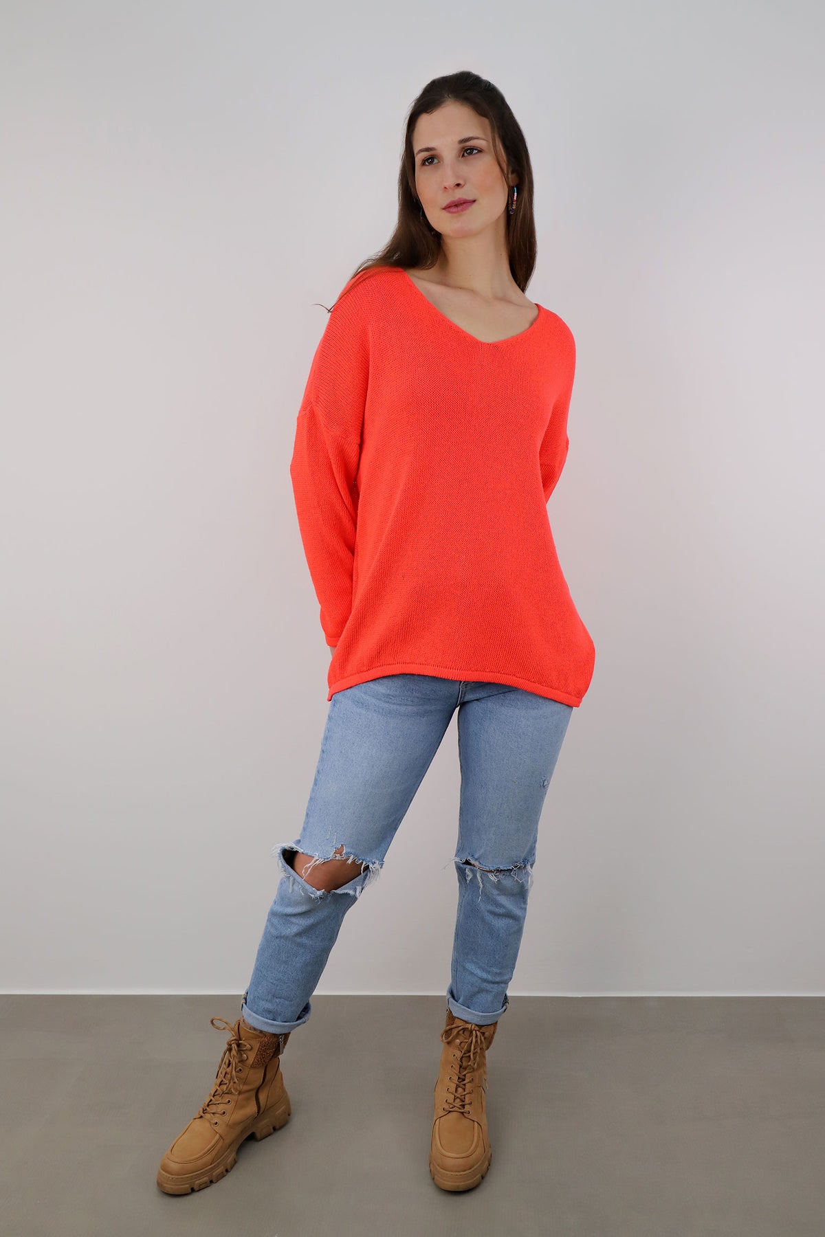 Oversized Pullover mit V-Ausschnitt - Orange