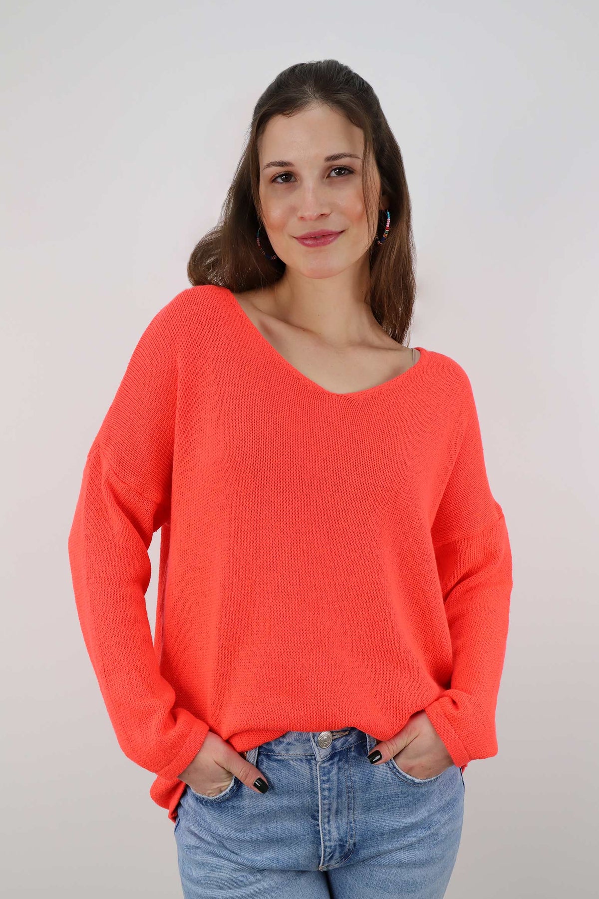 Oversized Pullover mit V-Ausschnitt - Orange