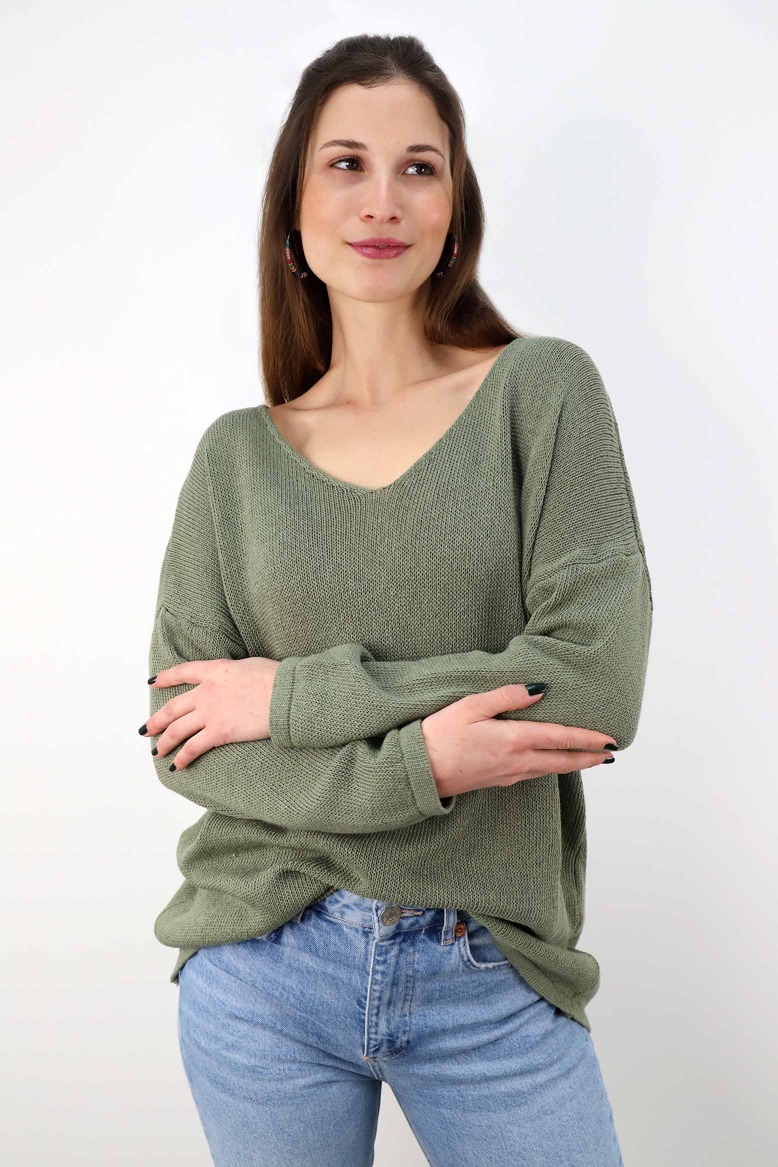 Oversized Pullover mit V-Ausschnitt - Khaki