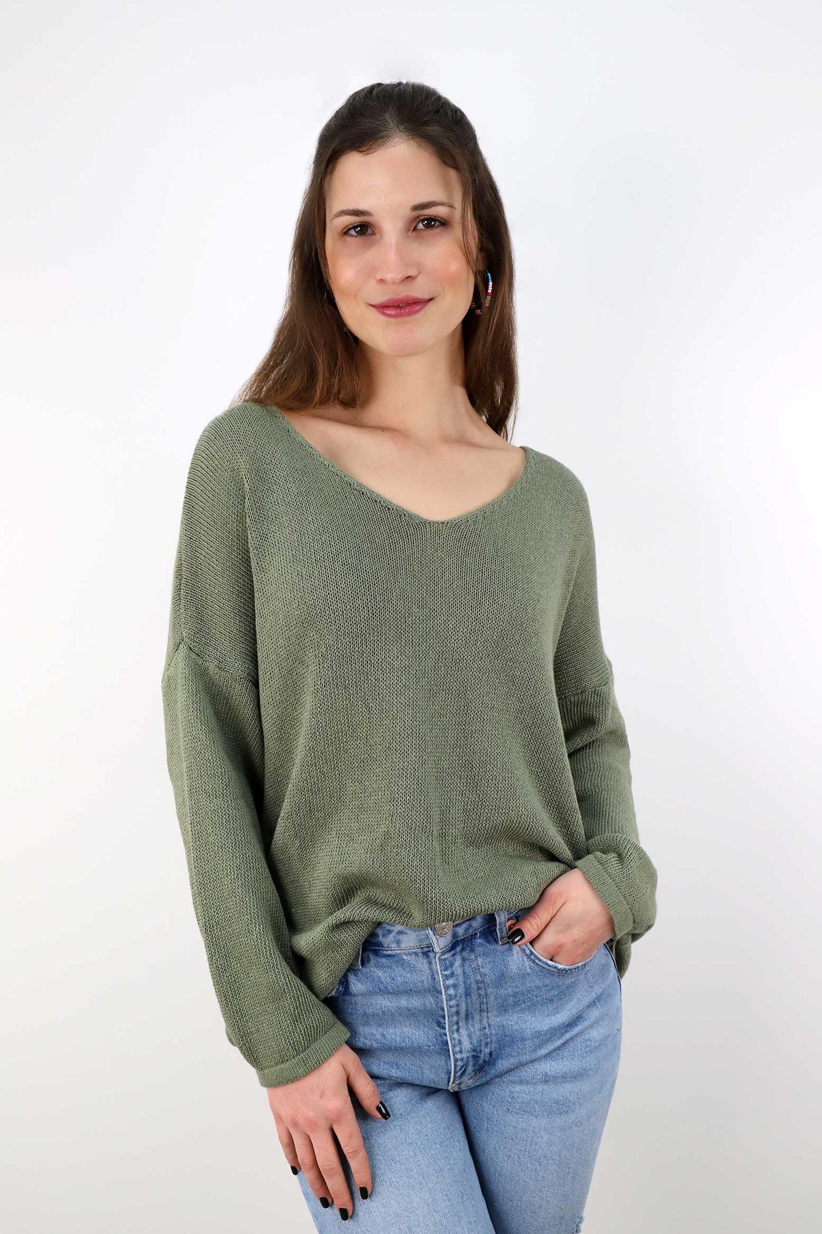 Oversized Pullover mit V-Ausschnitt - Khaki