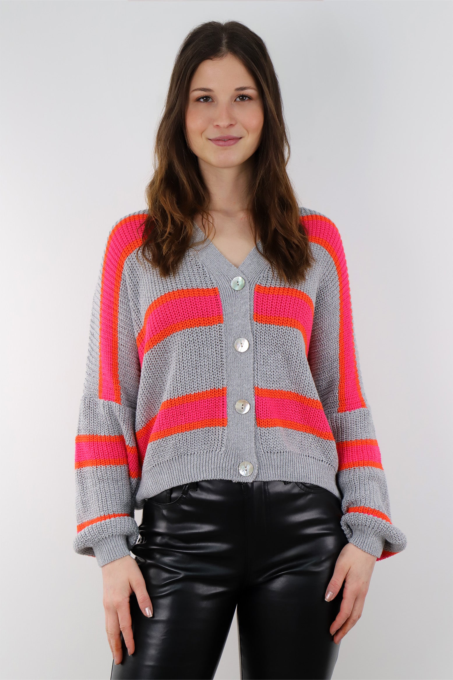Selected Touch - Strickjacke Streifenoptik - Grau/Pink/Orange