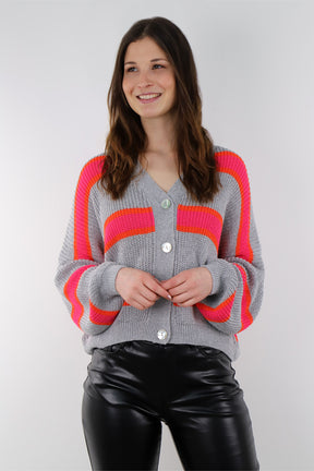 Selected Touch - Strickjacke Streifenoptik - Grau/Pink/Orange