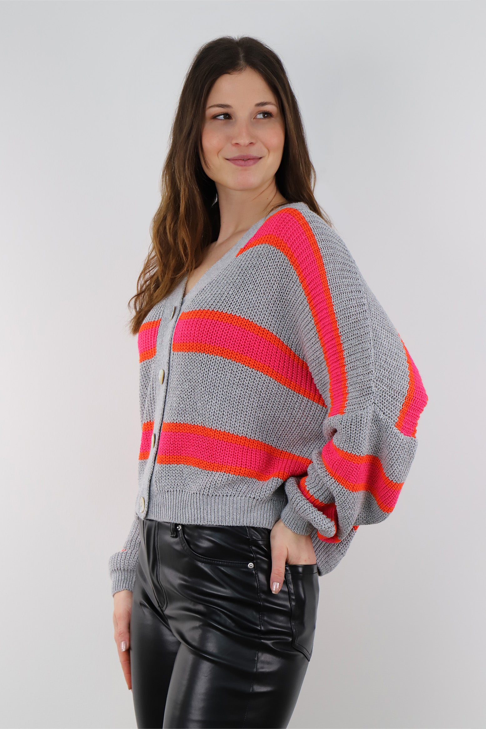 Selected Touch - Strickjacke Streifenoptik - Grau/Pink/Orange