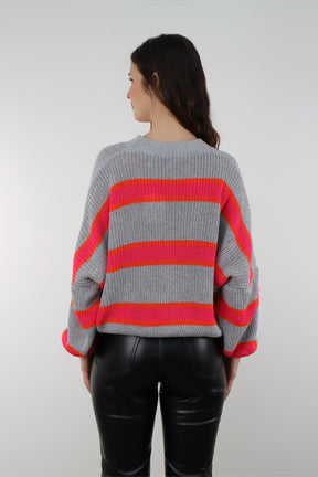 Selected Touch - Strickjacke Streifenoptik - Grau/Pink/Orange