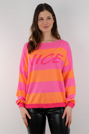 Pullover mit Streifenoptik und Druck - Pink/Orange