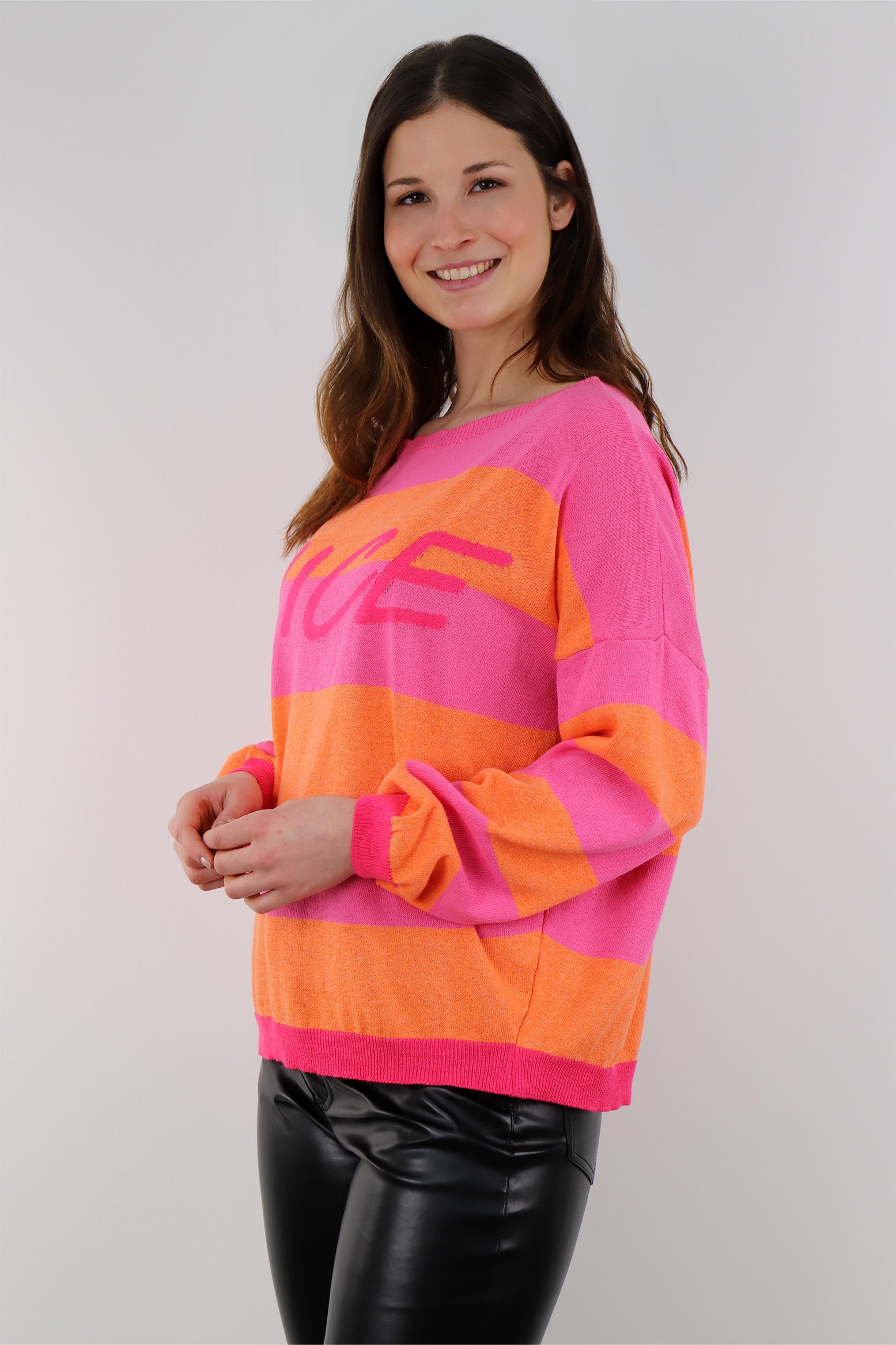 Pullover mit Streifenoptik und Druck - Pink/Orange