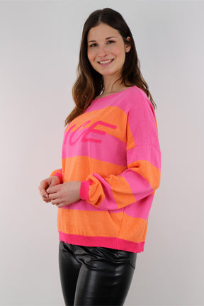 Pullover mit Streifenoptik und Druck - Pink/Orange